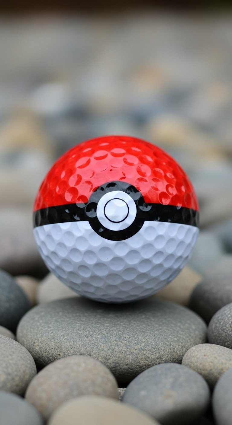 A White Golf Ball Meticulously Decorated To Look Like An Iconic Red, White, And Black Poké Ball, Resting On River Stones.