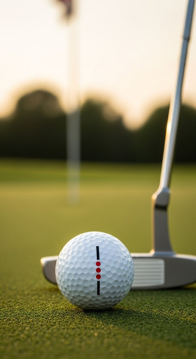 11 Brilliant Sharpie Golf Ball Designs That Actually Last A White Golf Ball With A Black Alignment Line And Red Dots On A Putting Green, Aimed At The Hole With A Putter Nearby.