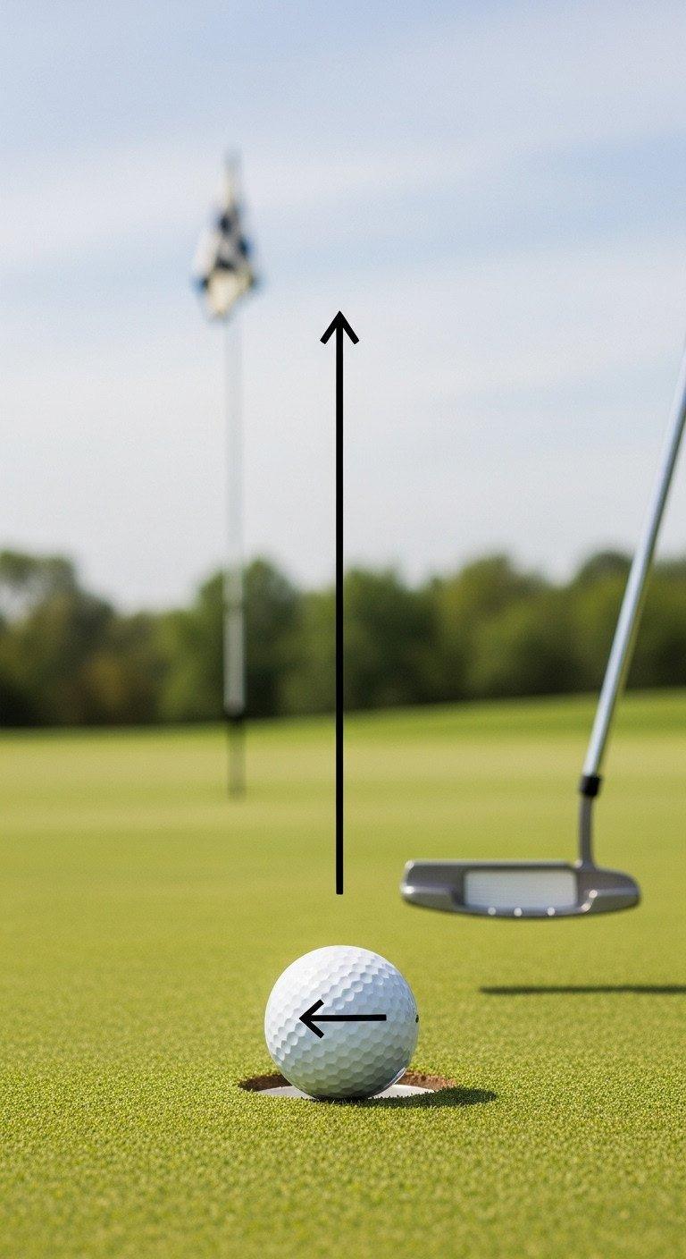 11 Simple Sharpie Golf Ball Designs You Can Actually Draw A White Golf Ball With A Black Arrow Drawn For Alignment, On A Putting Green With A Putter And Hole In The Background.