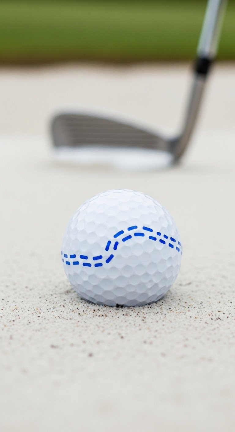 11 Simple Sharpie Golf Ball Designs You Can Actually Draw A White Golf Ball With A Blue Dashed Alignment Line Drawn Around It, Sitting In The White Sand Of A Golf Course Bunker.