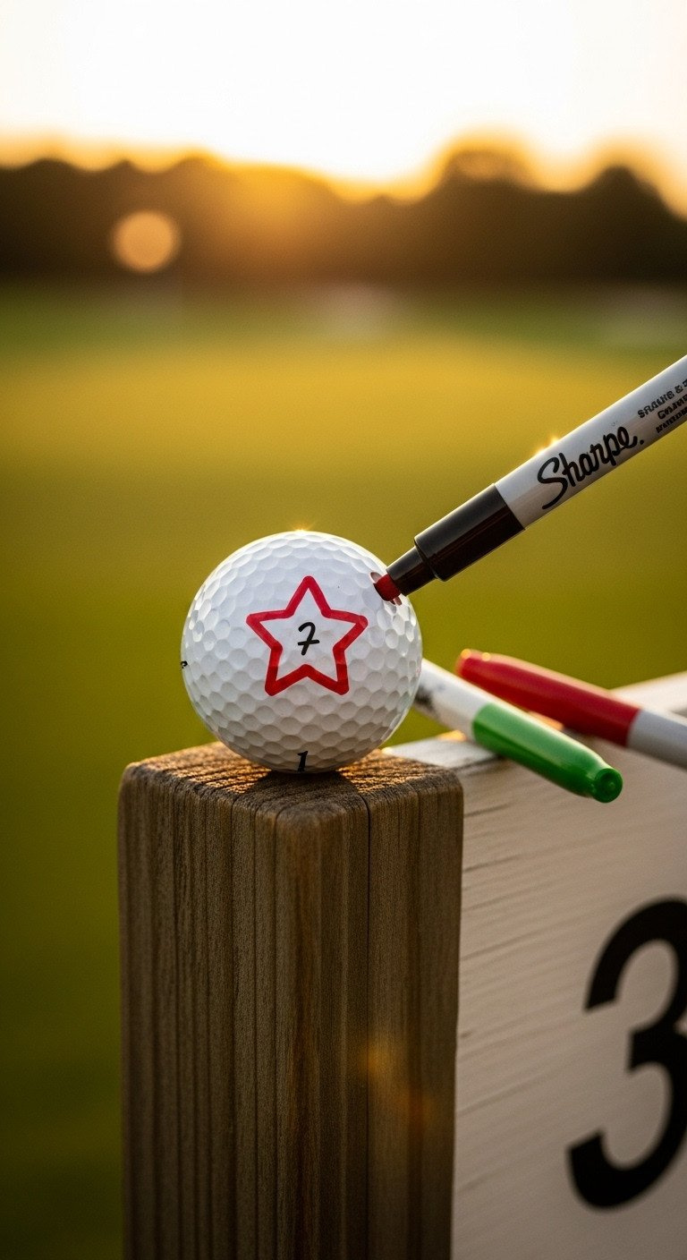 11 Simple Sharpie Golf Ball Designs You Can Actually Draw A White Golf Ball With A Creative Red Star Design Made With A Sharpie, Sitting On A Wooden Tee Box At Sunset.