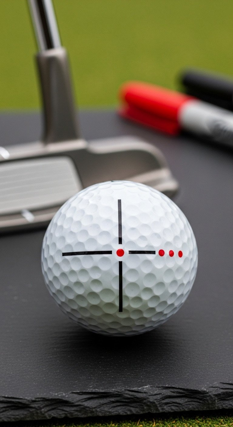 A White Golf Ball With A Custom Black Alignment Line And Three Red Dots, Shown On A Slate Surface Near A Putter Head.