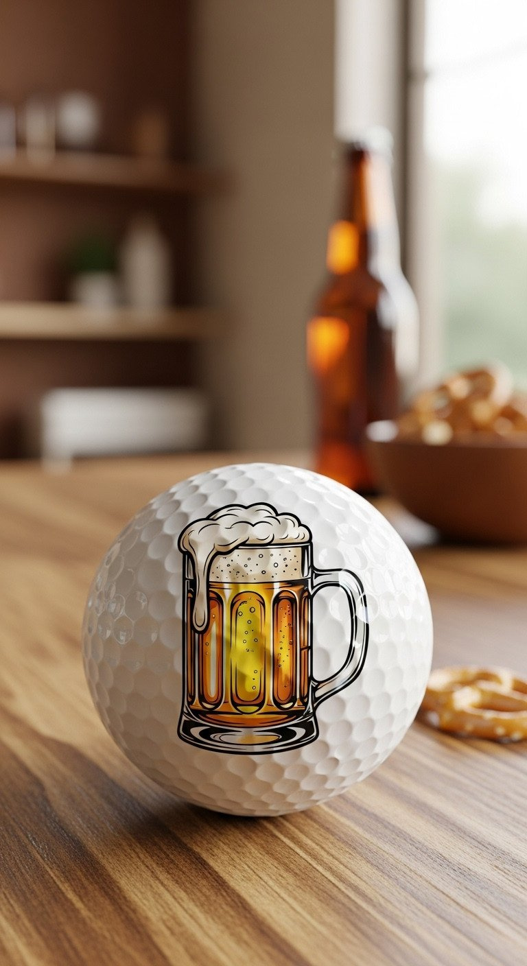 9 Brilliant Sharpie Golf Ball Designs That Will Never Smear A White Golf Ball With A Custom Drawing Of A Full Beer Mug On A Rustic Wood Table With A Bar In The Background.