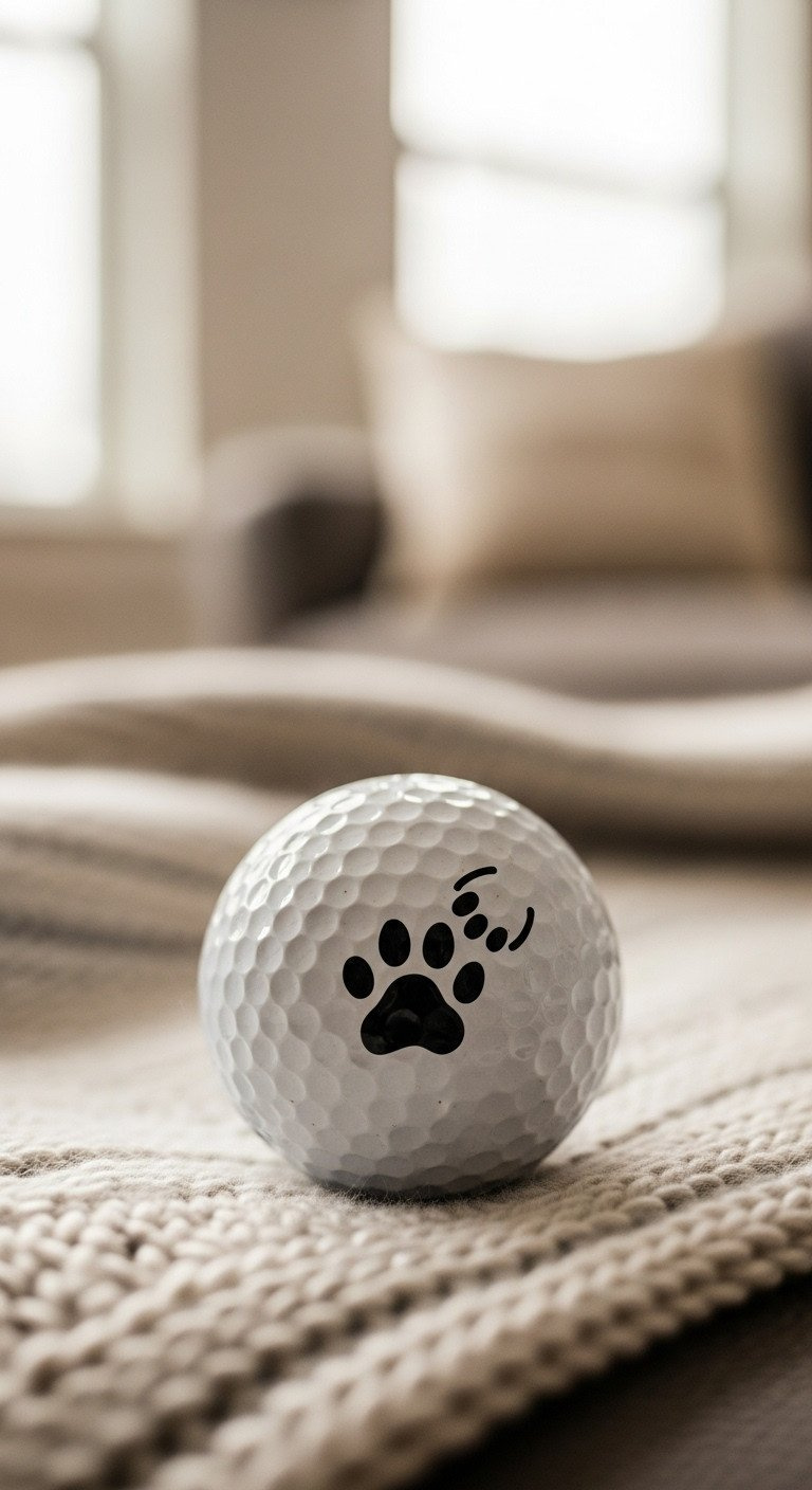 13 Amazing Golf Ball Designs Sharpie Ideas That Last A White Golf Ball With A Cute Hand-Drawn Black Paw Print Design Resting On A Cozy, Knitted Blanket In A Warm Room.