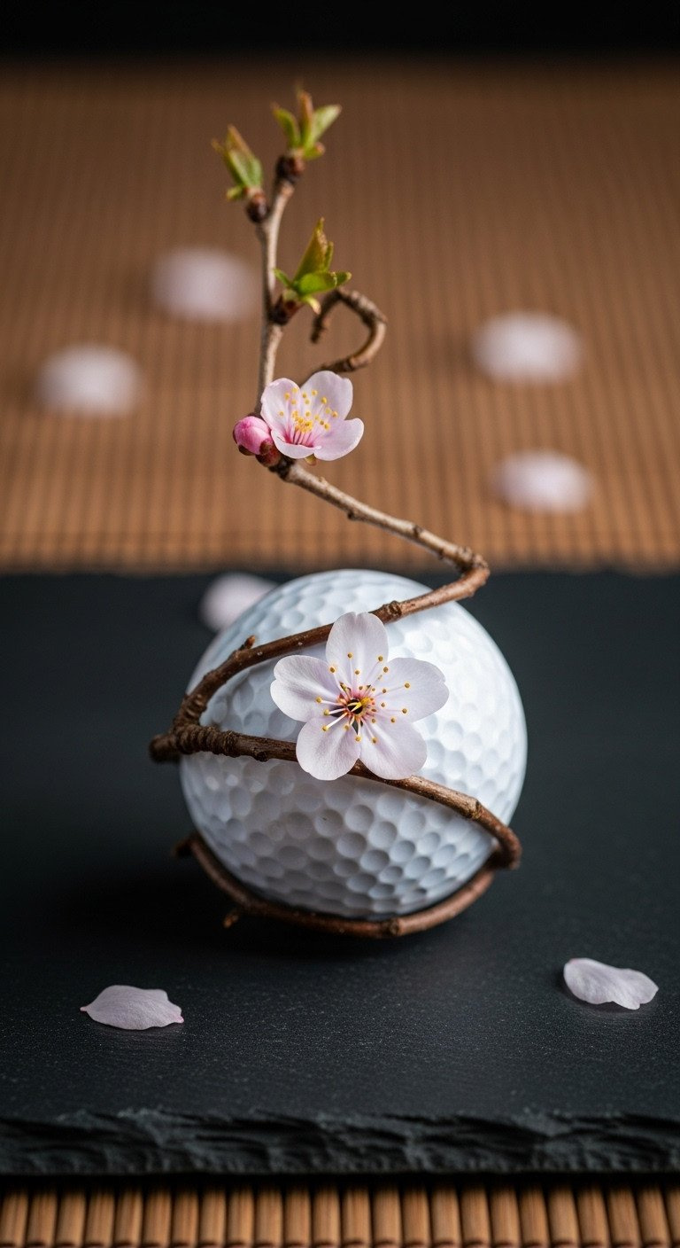 A White Golf Ball With A Delicate, Hand-Drawn Cherry Blossom Branch Wrapping Around It, Resting On A Dark Slate Surface.