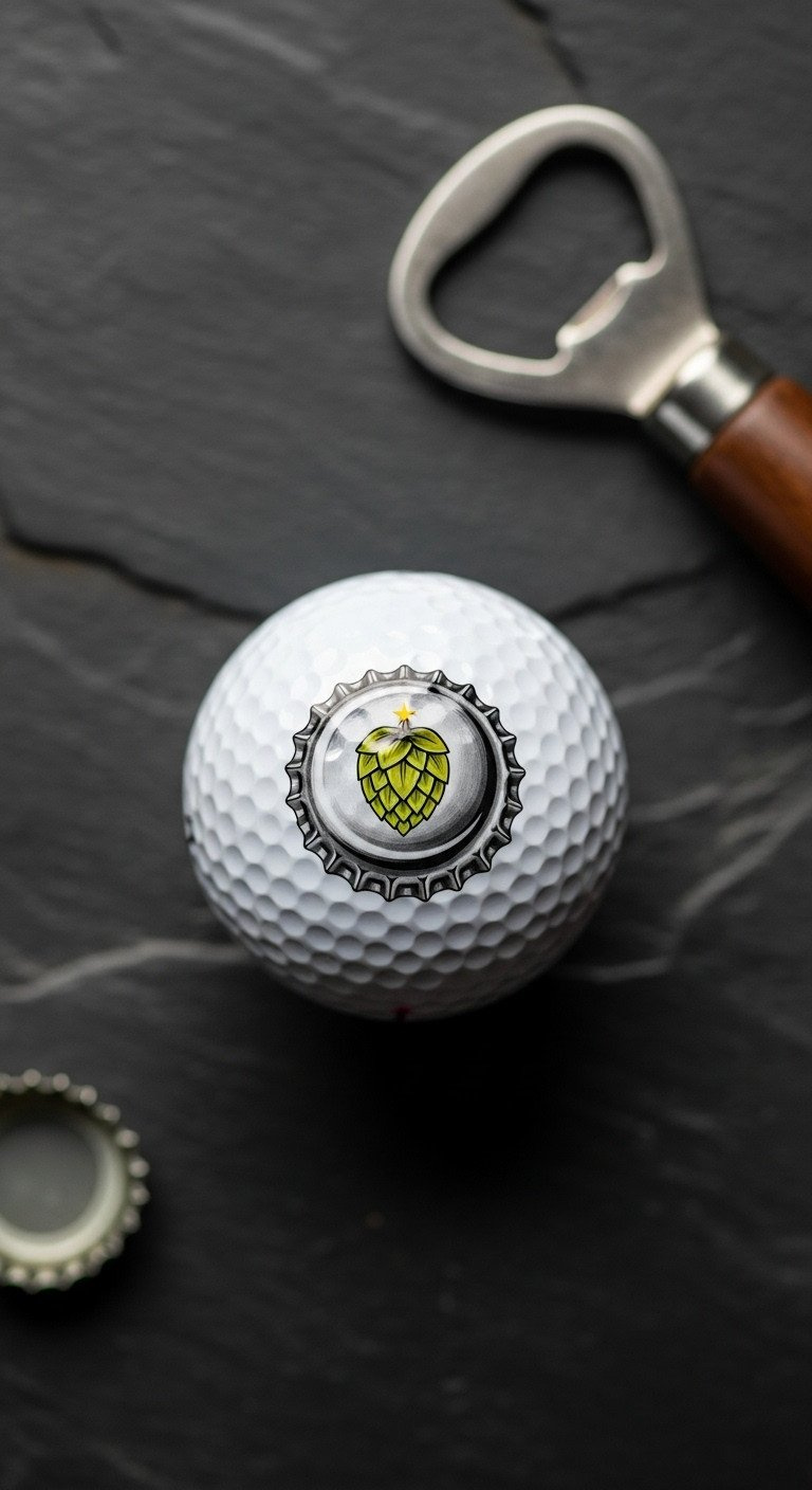 9 Brilliant Sharpie Golf Ball Designs That Will Never Smear A White Golf Ball With A Detailed Drawing Of A Metallic Beer Bottle Cap, Shown Flat Lay On A Dark Stone Surface.