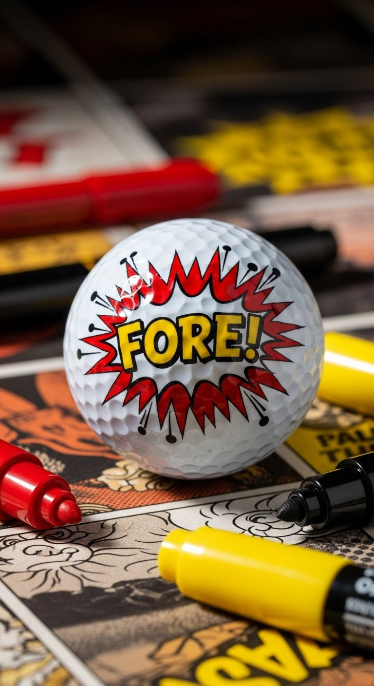 A White Golf Ball With A Dynamic Red And Yellow Comic Book-Style 'Fore!' Design, Resting On A Comic Book Page.