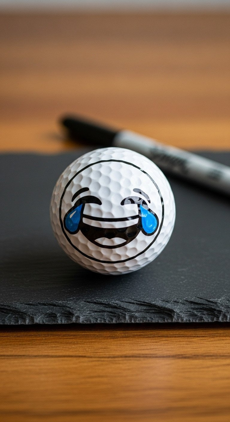 Creative Golf Ball Designs 11 Easy Sharpie Emoji Ideas A White Golf Ball With A Funny Crying Laughing Emoji Drawn On It, Resting On A Dark Slate Coaster With A Sharpie Nearby.