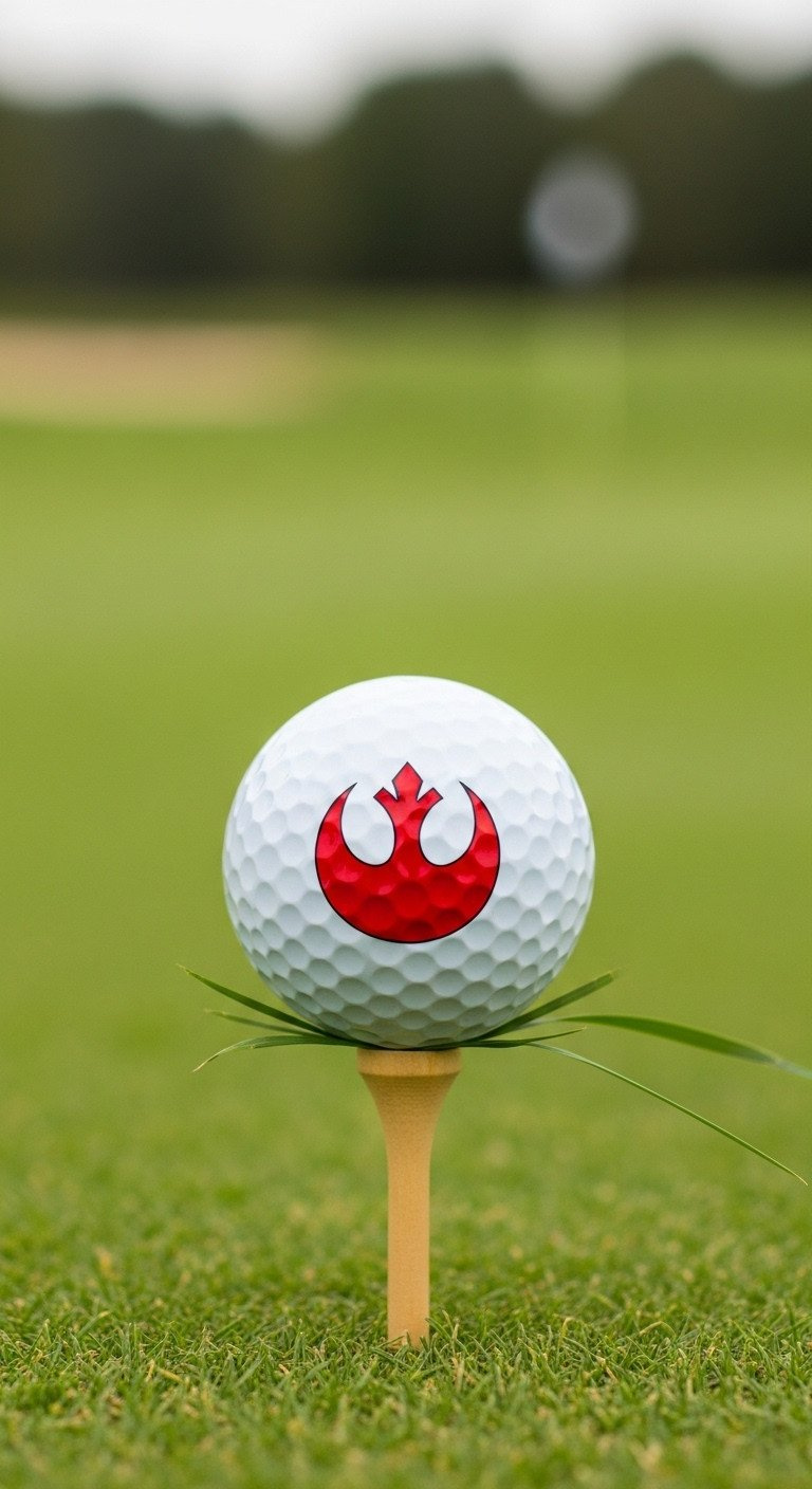 9 Genius Star Wars Golf Ball Designs That Will Not Smudge A White Golf Ball With A Hand-Drawn Red Rebel Alliance Symbol, Teed Up On A Wooden Tee On A Green Golf Course Fairway.