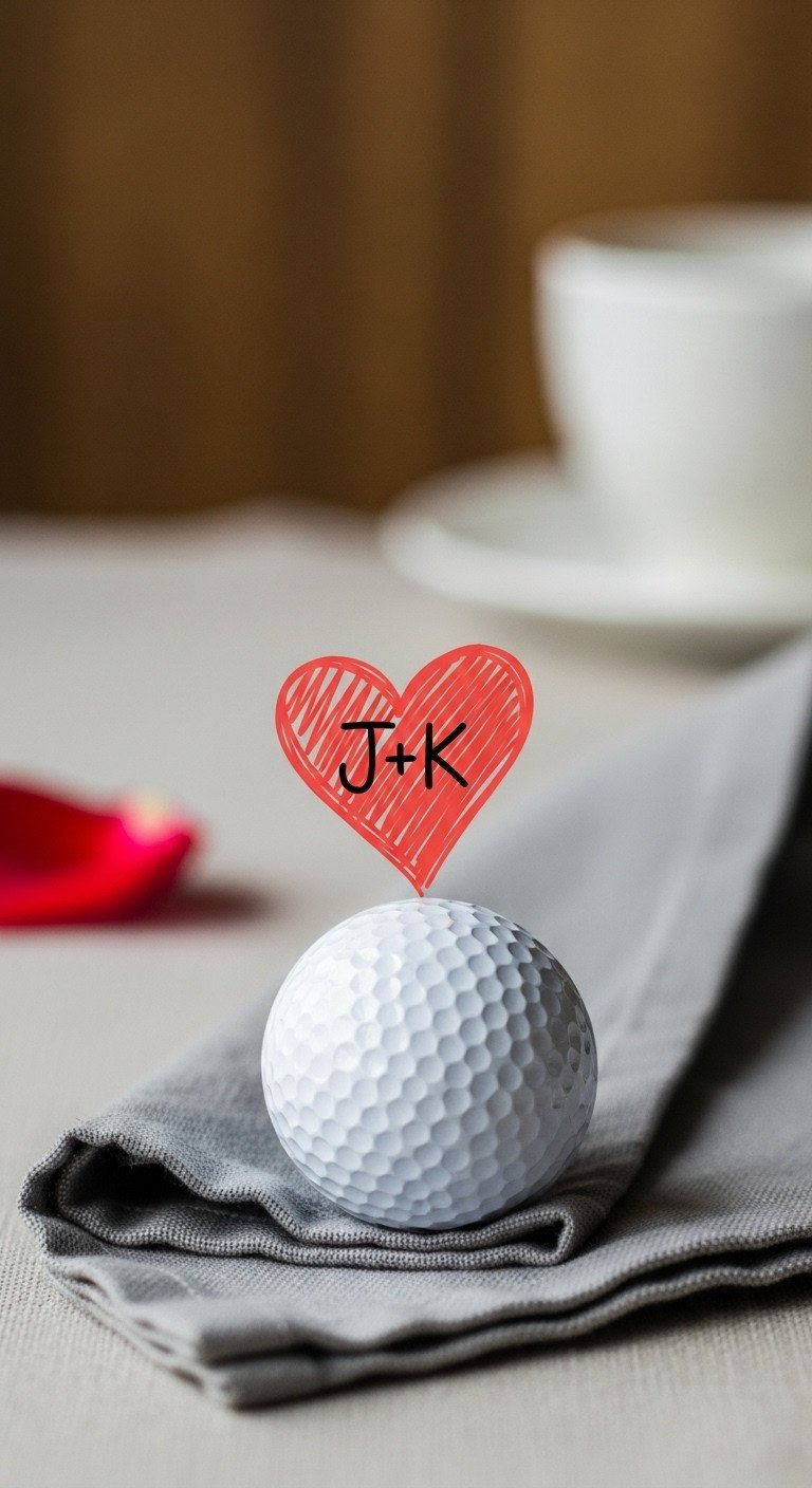 A White Golf Ball With A Hand-Drawn Red Heart And Initials 'J+K' Rests On A Gray Linen Napkin Next To A Red Rose Petal.
