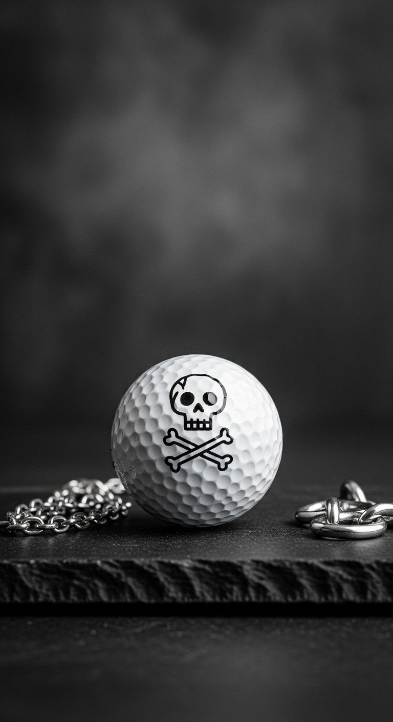 A White Golf Ball With A Minimalist Black Skull And Crossbones Design, Styled On A Dark Stone Surface For Edgy Decor.