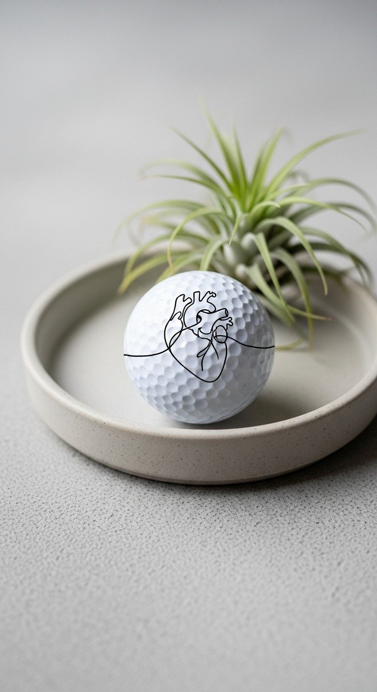 A White Golf Ball With A Minimalist, Single-Line Drawing Of A Heart Sits In A Ceramic Dish On A Concrete Surface.