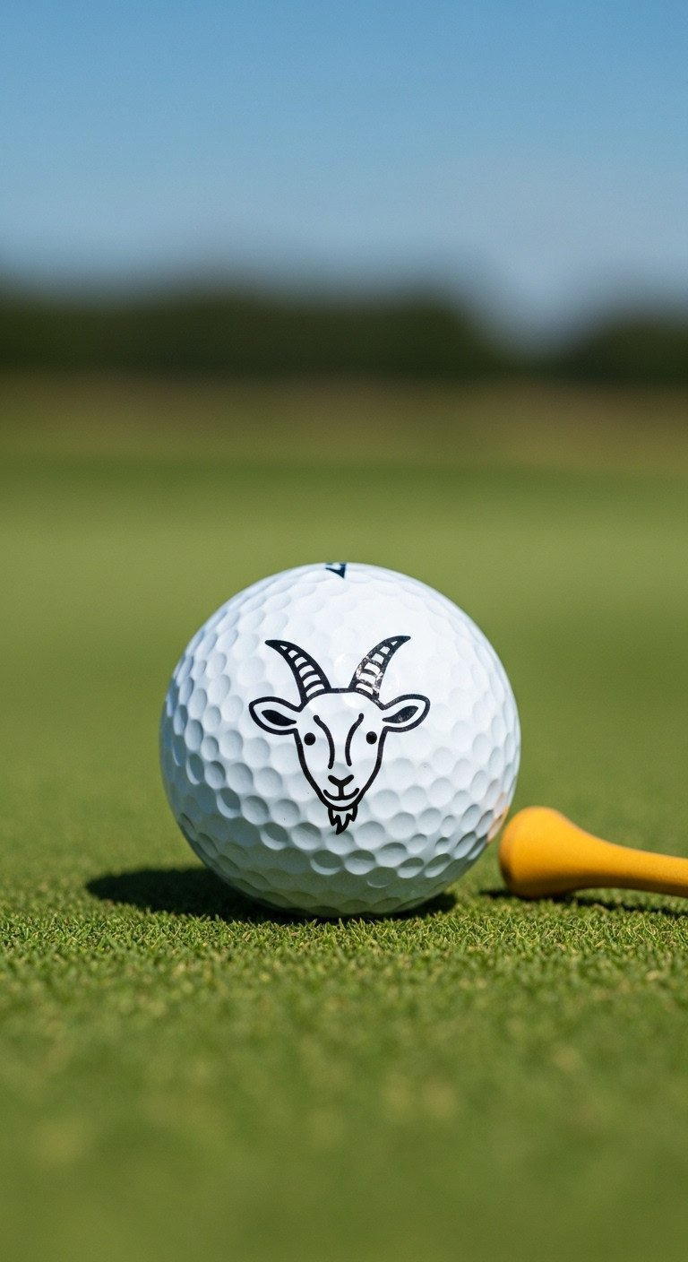 A White Golf Ball With A Quirky, Minimalist Black Line Drawing Of A Goat Head, Resting In Vibrant Green Grass On A Course.