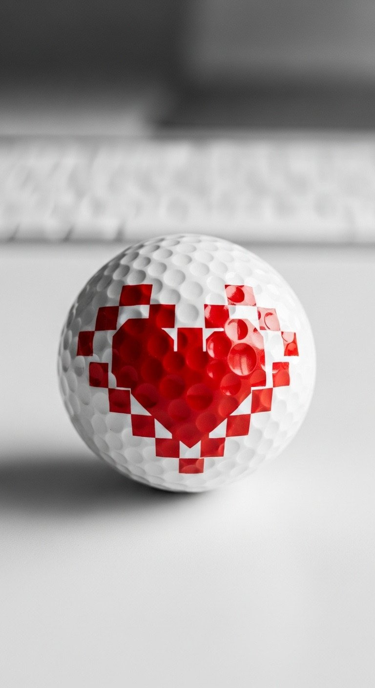 A White Golf Ball With A Red Pixelated Heart Design, Inspired By 8-Bit Video Games, Sitting On A Modern White Desk.