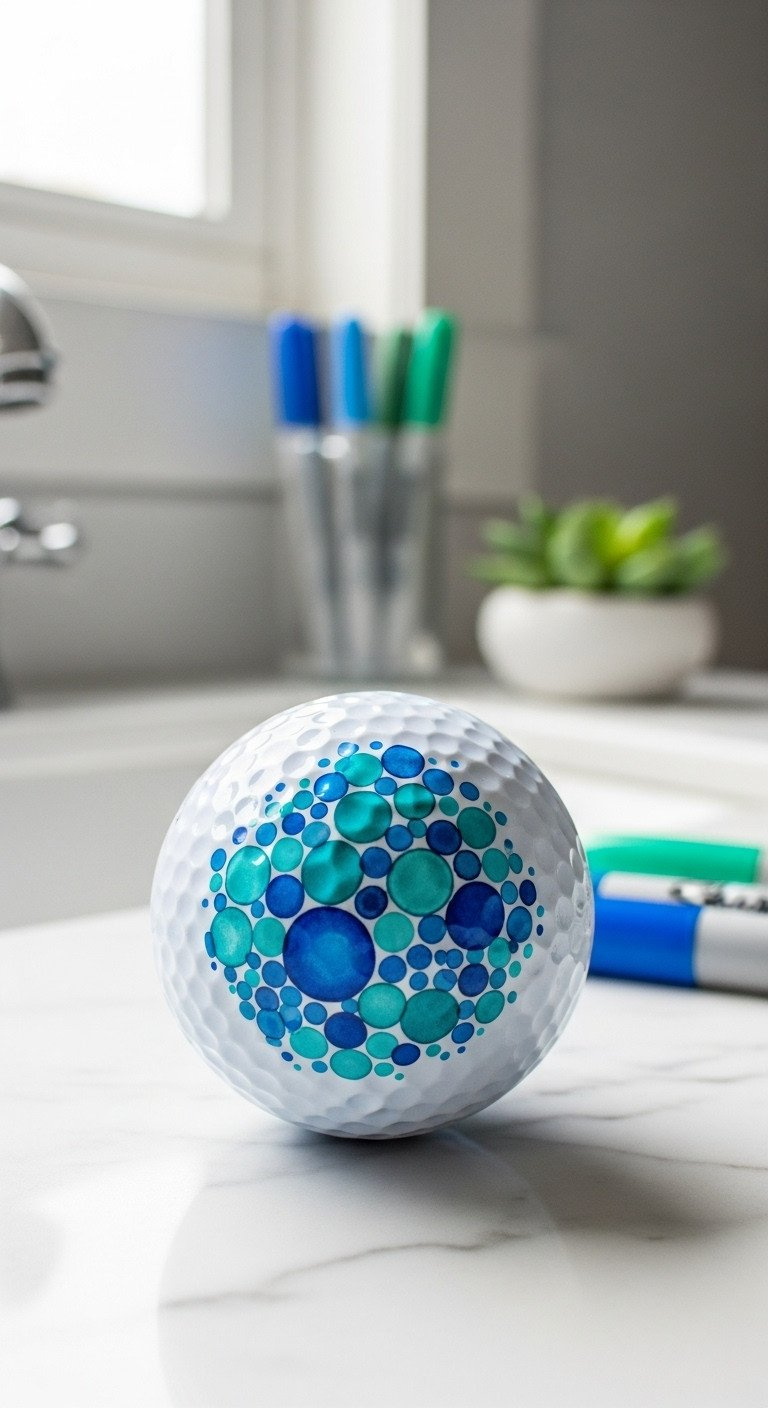 A White Golf Ball With An Artistic Watercolor Dot Pattern In Shades Of Blue And Teal, Resting On A White Marble Surface.
