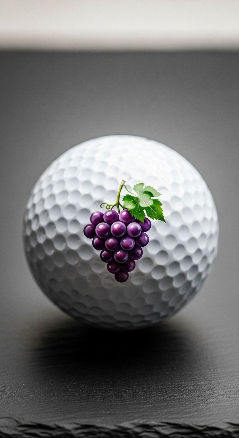 A White Golf Ball With An Elegant Hand-Drawn Purple Grape Cluster Design, Posed On A Dark Slate Surface For Contrast.