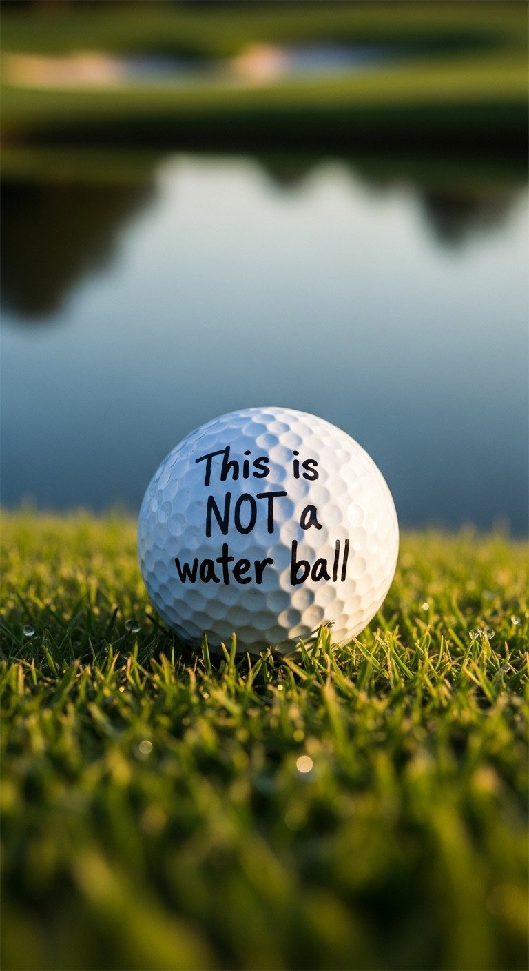 A White Golf Ball With The Funny Phrase 'This Is Not A Water Ball' Handwritten On It, Sitting Near A Water Hazard On A Course.