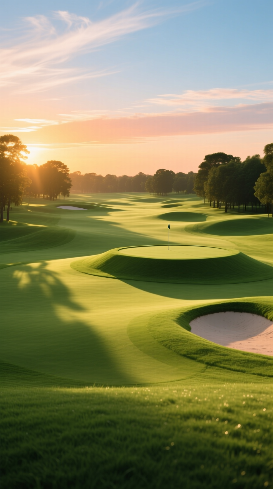 11 Golf Sunset Aesthetic Ideas For Breathtaking Photos A Wide, Sweeping View Of A Lush Green Golf Course Fairway With Long Shadows Stretching Across The Grass At Golden Hour.