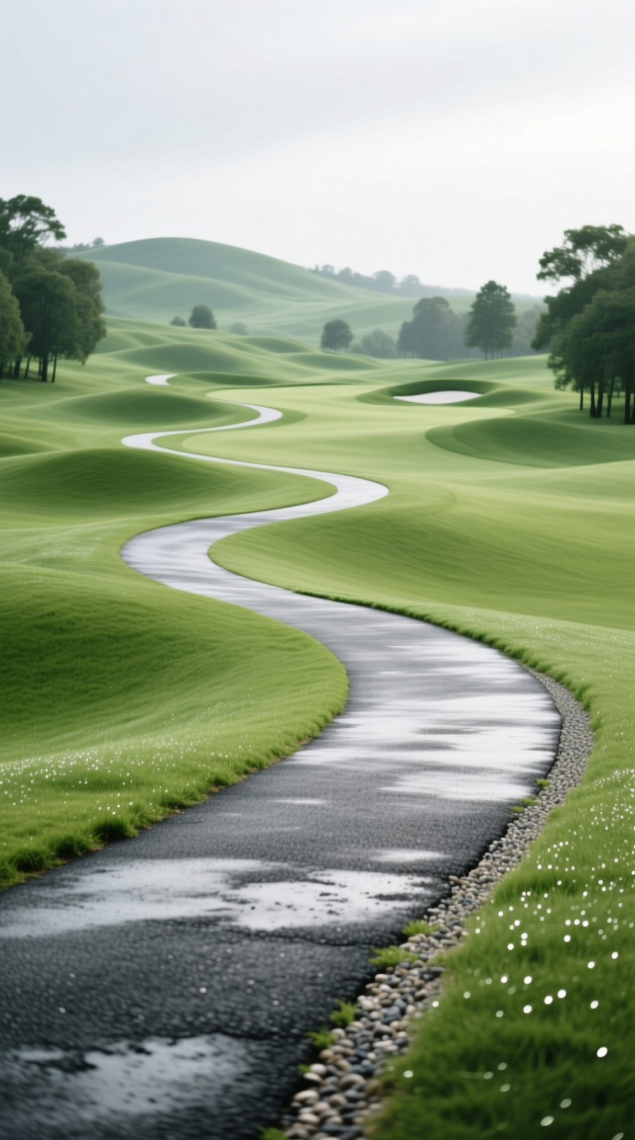 A Winding Charcoal Gray Golf Cart Path Creates Leading Lines Through A Manicured Course With Rolling Sage Green Hills.