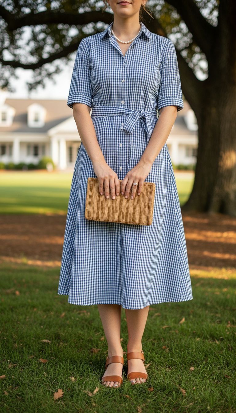 A Woman In A Preppy Blue And White Gingham Shirtdress And Tan Sandals Stands Under A Tree On A Golf Course Lawn.