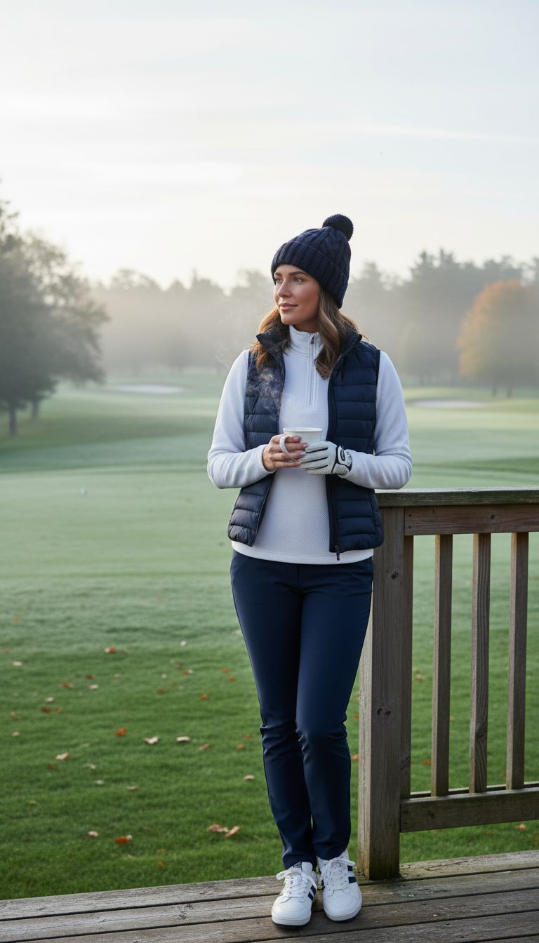 A Woman In Navy Pants And A White Quarter-Zip Pullover Holds A Drink On A Veranda Overlooking A Misty Golf Course.
