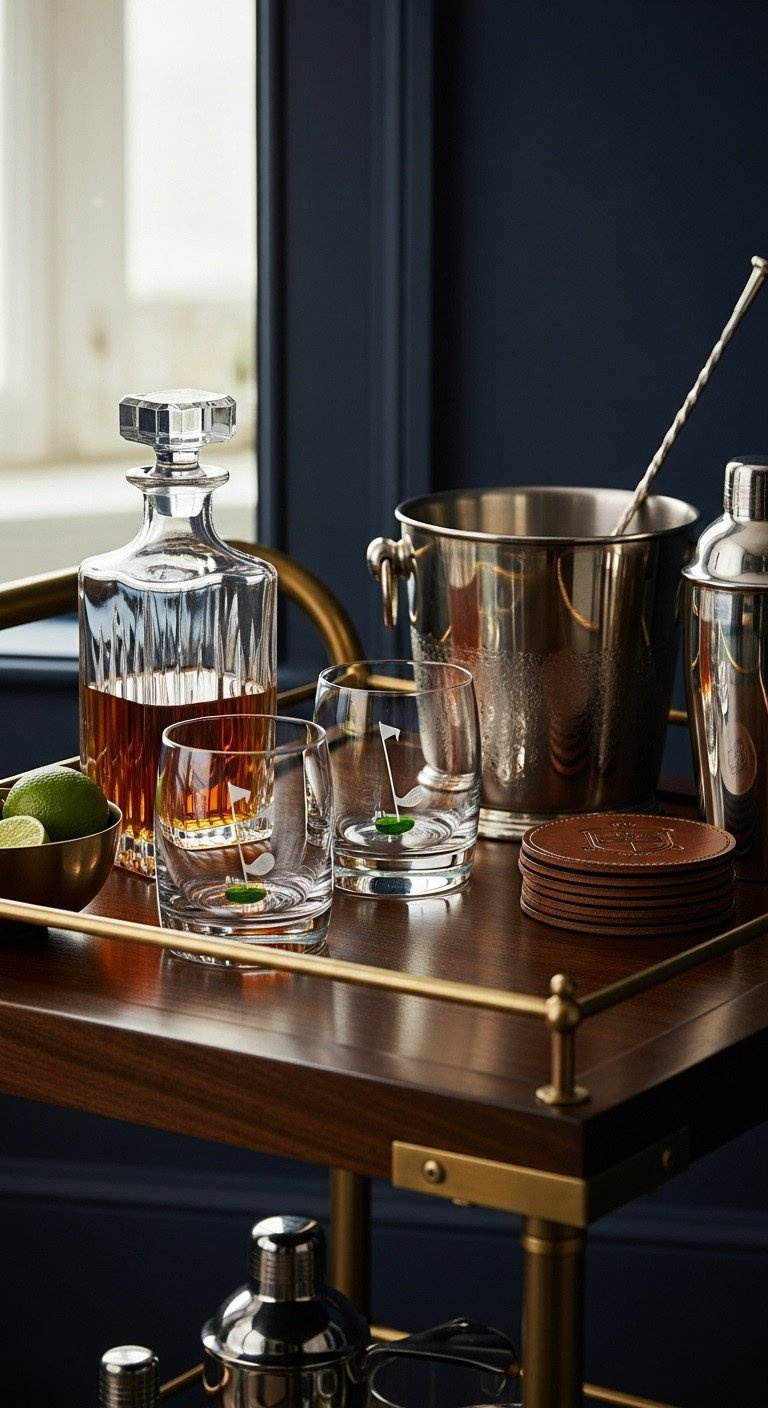 A Wood And Brass Bar Cart Styled With A Golf-Themed Crystal Whiskey Decanter And Glasses, Set Against A Dark Navy Blue Wall.
