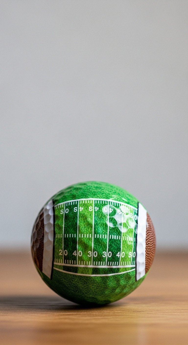 Abstract Close-Up Of A Golf Ball With A Painted Pattern Of Alternating Light And Dark Green Football Field Stripes.