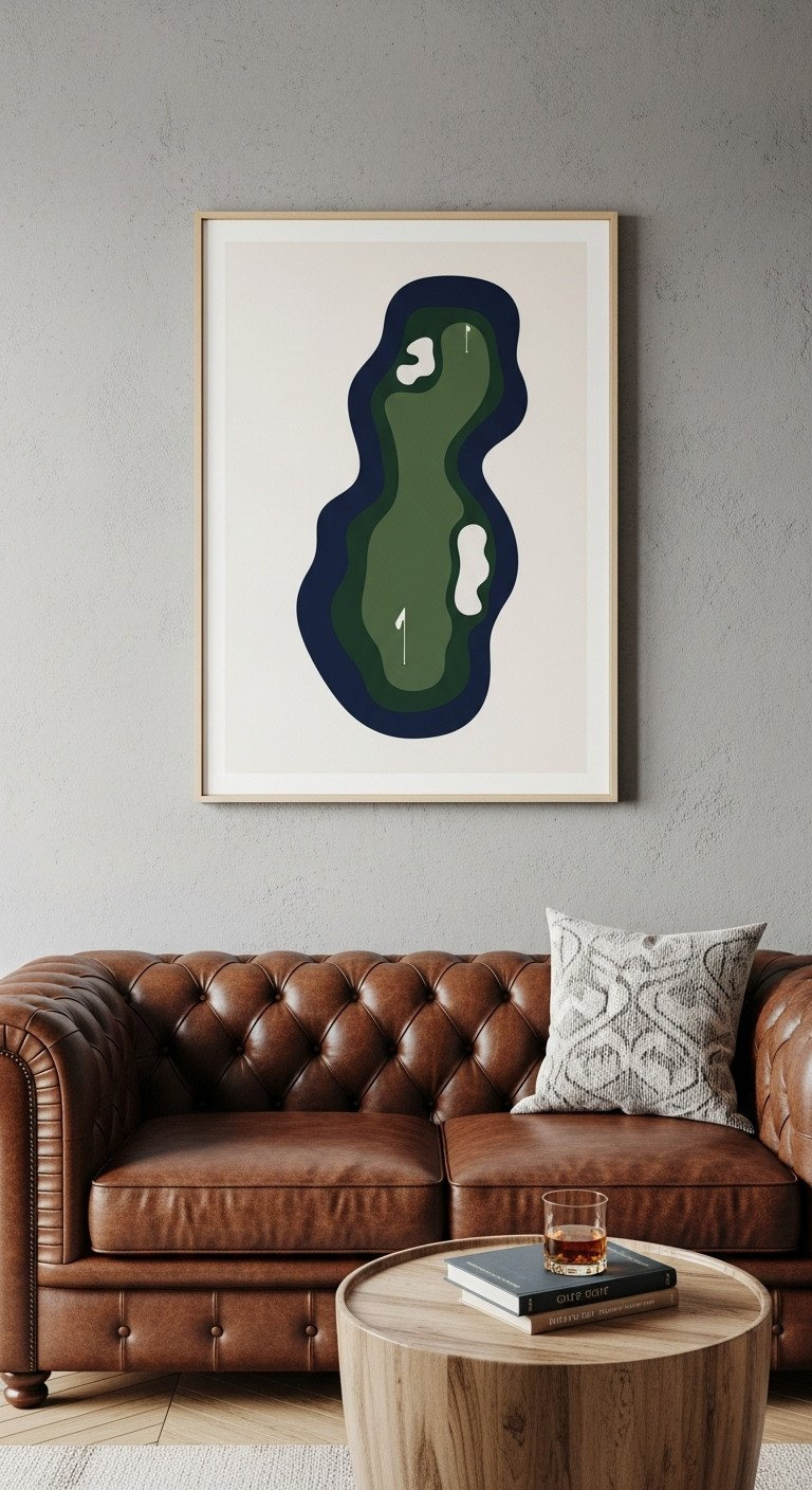 Abstract Golf Course Art Print (60X40) In Navy, Green, Cream Above A Dark Brown Leather Chesterfield Sofa, Enhancing A Luxury Golf Man Cave.