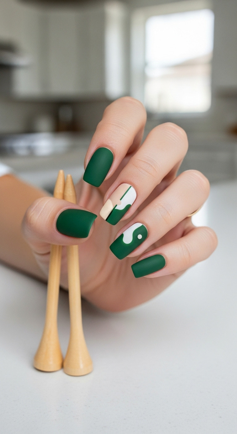 Abstract Golf Course Manicure: Matte Fairway Green Nails With Beige/White Sand Trap Accent. Golf Tees Subtly Placed Nearby.