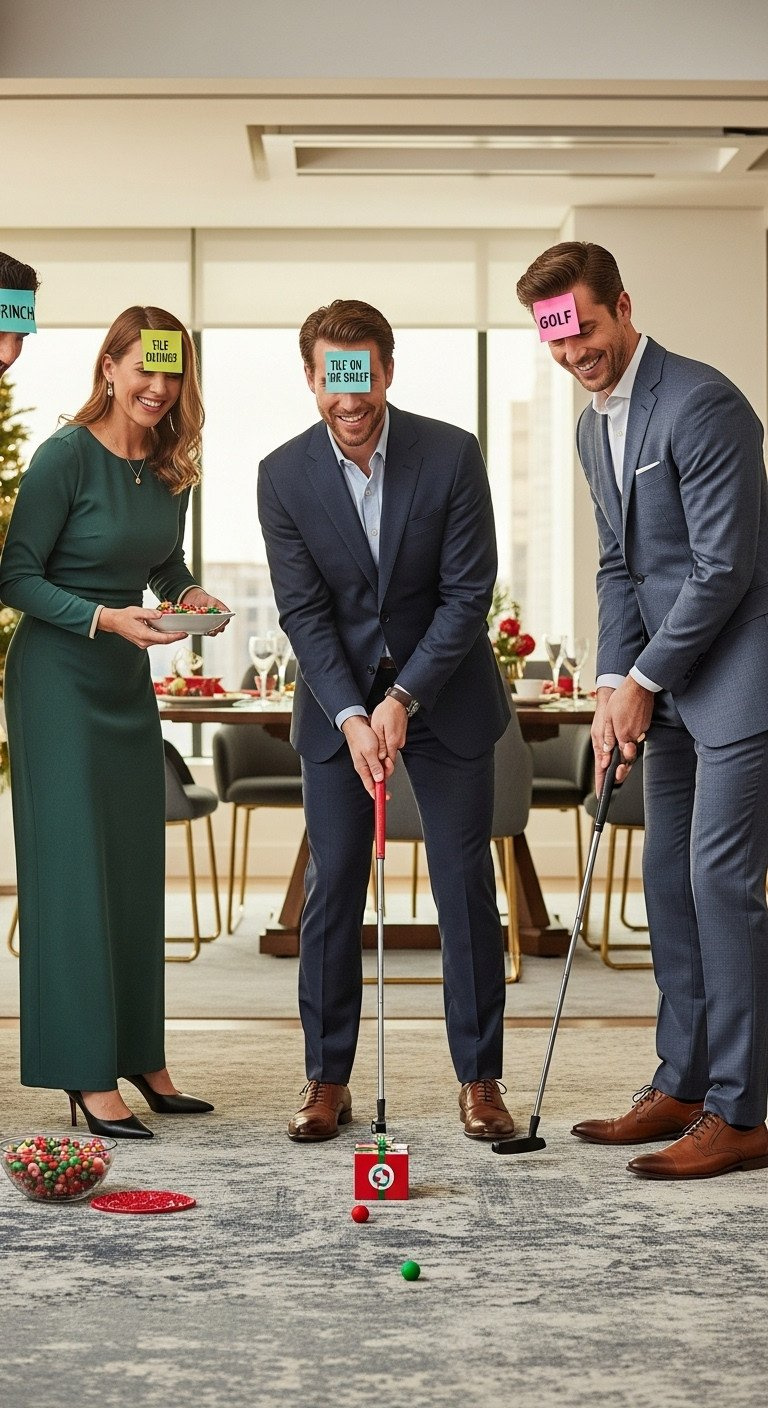 Adults Playing Holiday Who Am I? Golf Twist At An Office Christmas Party, One Putting Towards A Festive Target.
