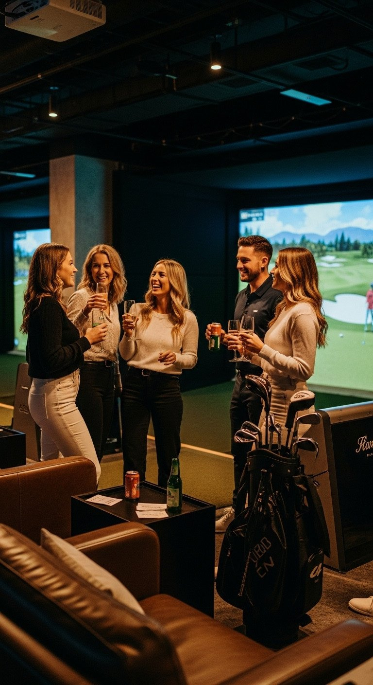 9 Genius Golf Birthday Party Ideas For Kids And Adults Adults Socializing At A Modern Virtual Golf Simulator Bay Party, Illuminated Screen Showing A Course, With Drinks And Laughter.