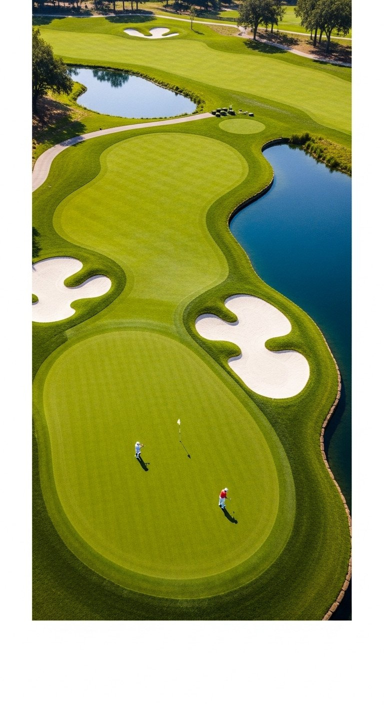 Ultimate Golf Photoshoot Ideas Poses And Pro Techniques Aerial Top-Down View Of A Signature Golf Hole With Geometric Bunkers, Fairway, And Water Hazard, Tiny Golfer.