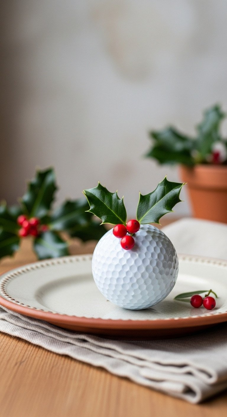 An Elegant Diy Christmas Ornament From A Golf Ball With A Hand-Painted Sprig Of Green Holly And Red Berries On A Vintage Plate.