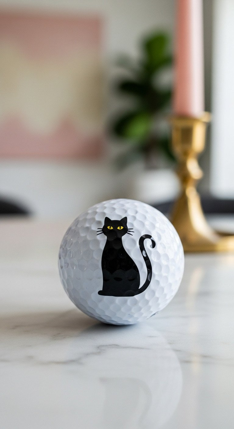 An Elegant Diy Halloween Craft Showing A White Golf Ball With A Minimalist Black Cat Silhouette On A Modern Marble Surface.