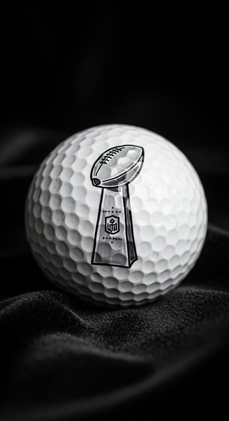 An Elegant Golf Ball On Black Velvet Featuring A Hand-Drawn Vince Lombardi Trophy Silhouette In Shimmering Silver Ink.