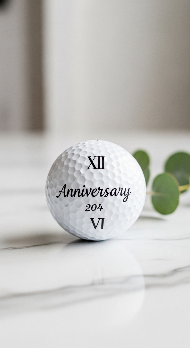 An Elegant Golf Ball With A Custom Anniversary Date In Roman Numerals On A Marble Surface With A Sprig Of Eucalyptus.