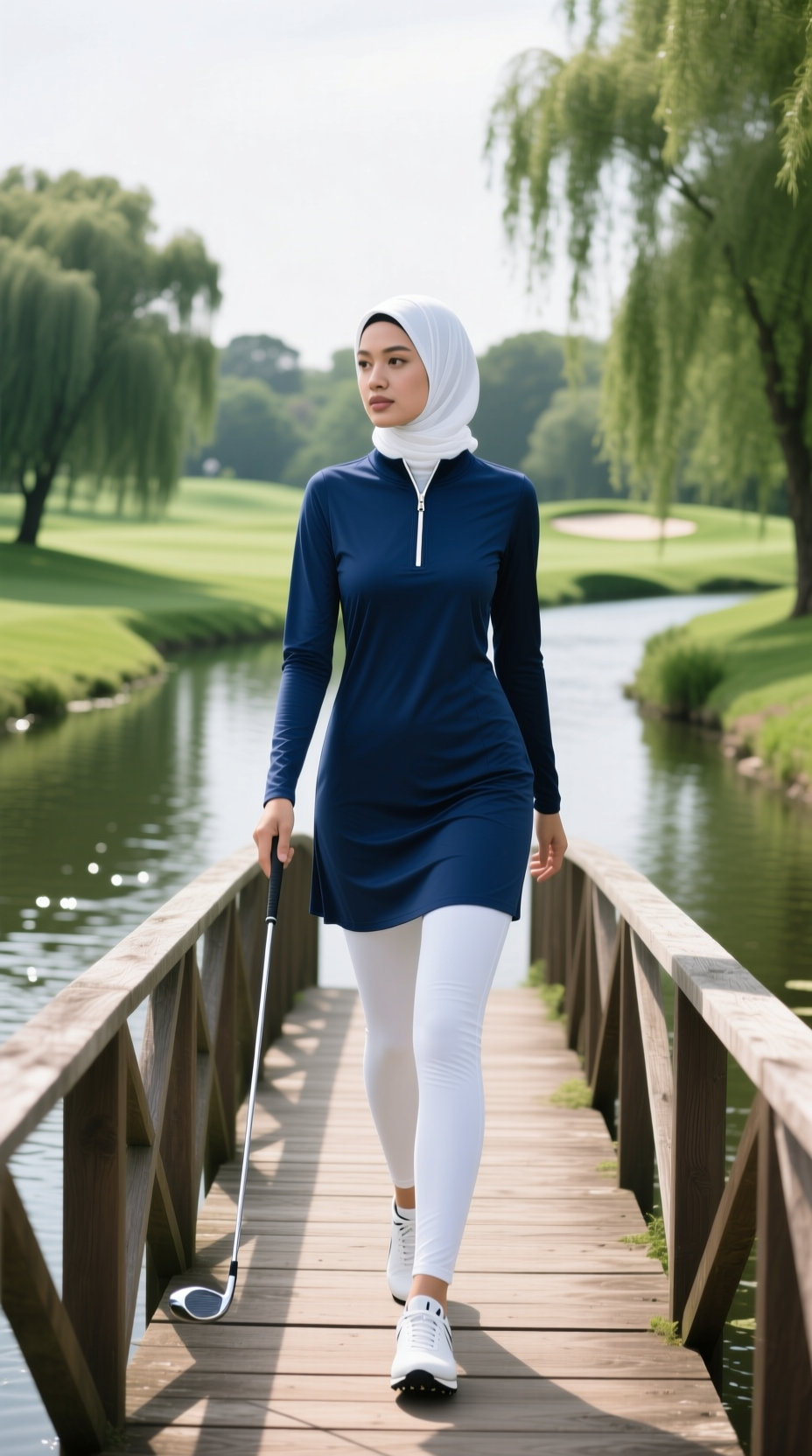 An Elegant Hijabi Golfer In A Navy Golf Dress, White Leggings, And White Hijab Walks Across A Wooden Bridge On The Course.