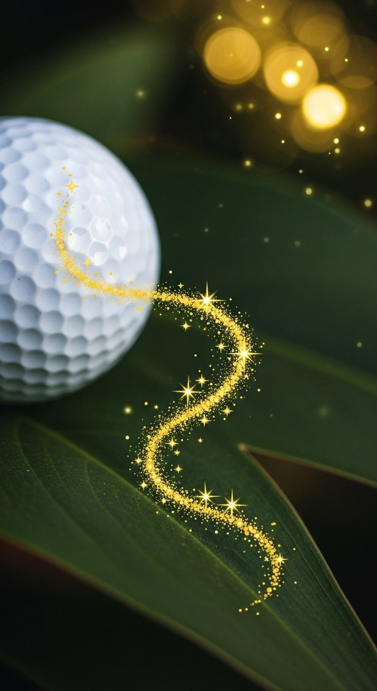 An Enchanting Diy Golf Ball With A Sparkling Gold Tinker Bell Pixie Dust Trail, Resting On A Leaf In A Magical Garden.