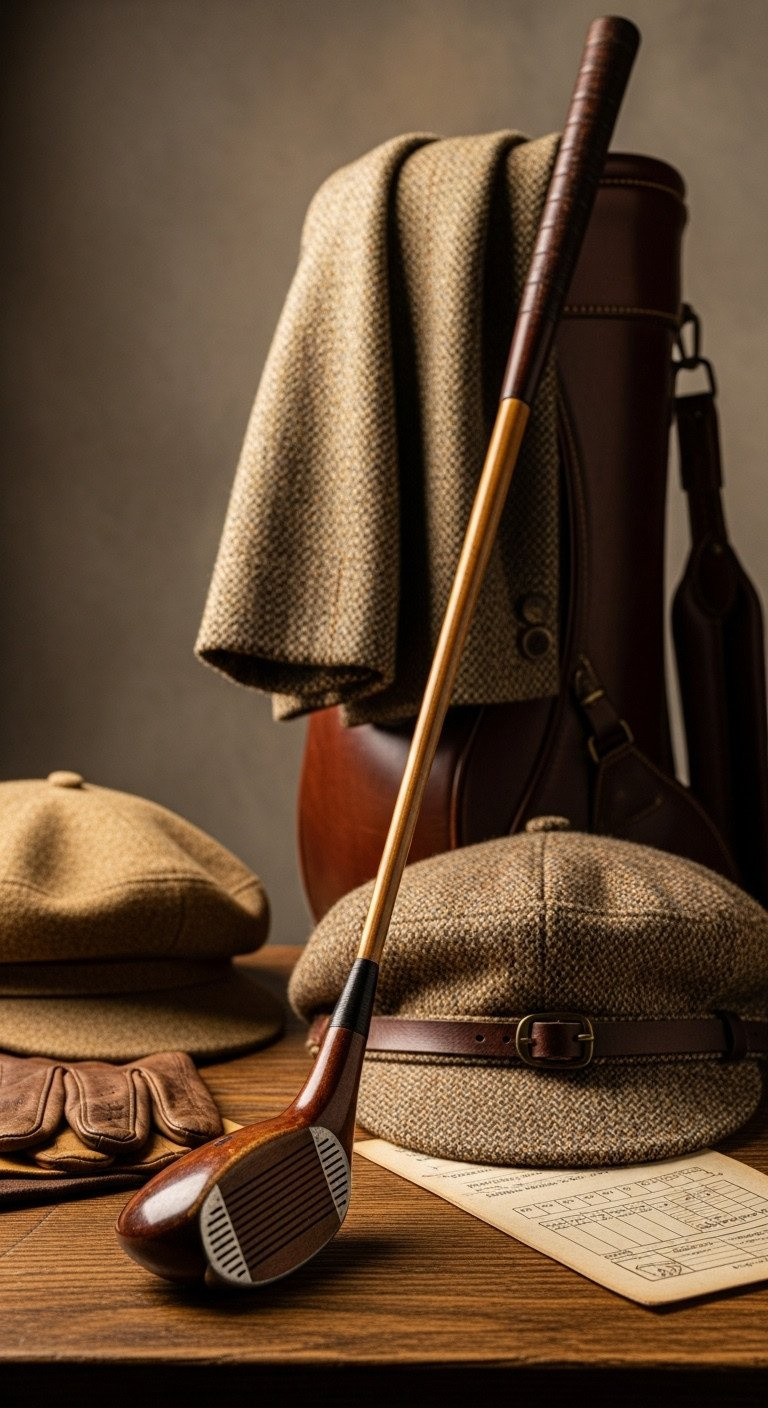 Antique Wooden Golf Club With Classic Tweed Golf Attire And A Leather Bag, Evoking Timeless Early 20Th-Century Golf Elegance.
