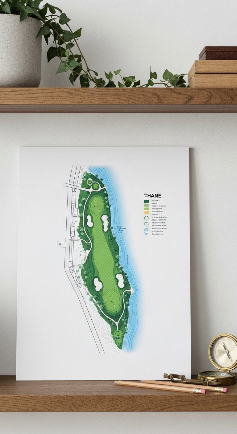 Architectural Golf Course Map Illustration: Vector Lines, Green/Blue Washes, Famous Hole On A Shelf With A Compass.