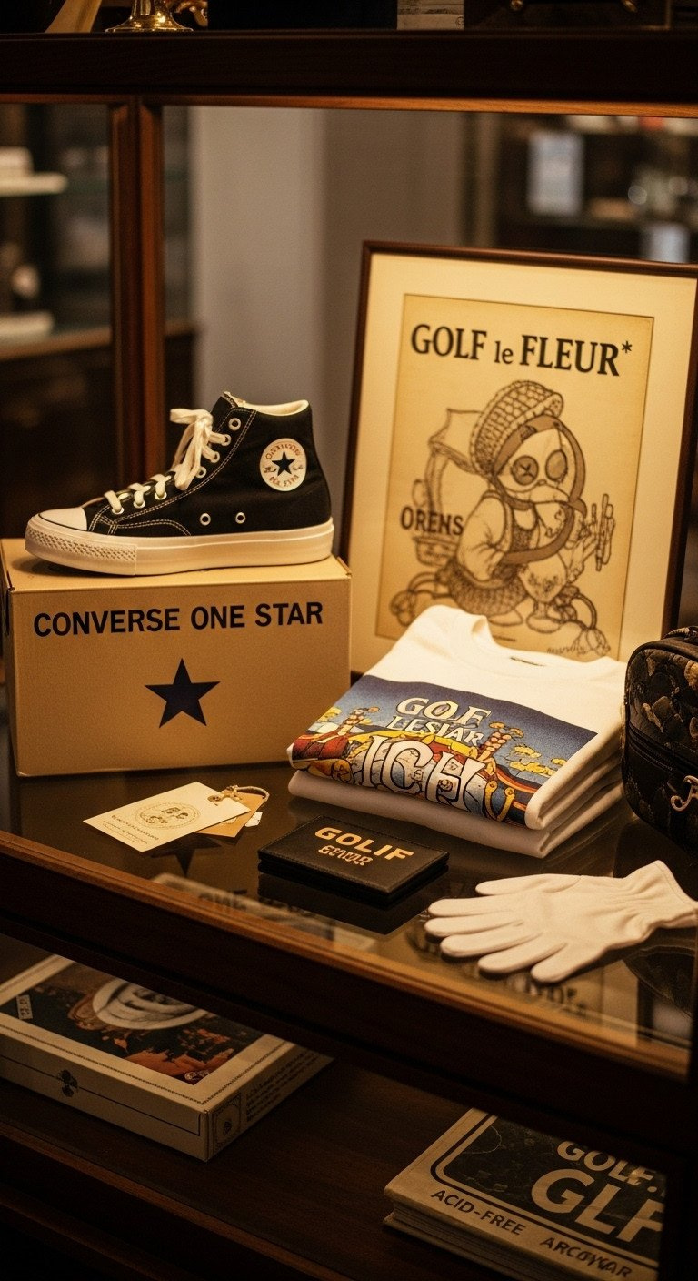 Archival Golf Le Fleur: Rare Converse One Star Box, Graphic Tee, Limited Edition Accessory In Glass Display.