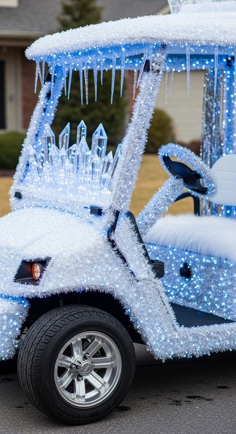 9 Genius Golf Cart Decorating Ideas Structural Pvc Guide Arctic Ice Cart Golf Cart: Cool White Led Lights, Blue Accents, Faux Snow, Icicles, Silver Tinsel. Icy Winter Holiday Decor.