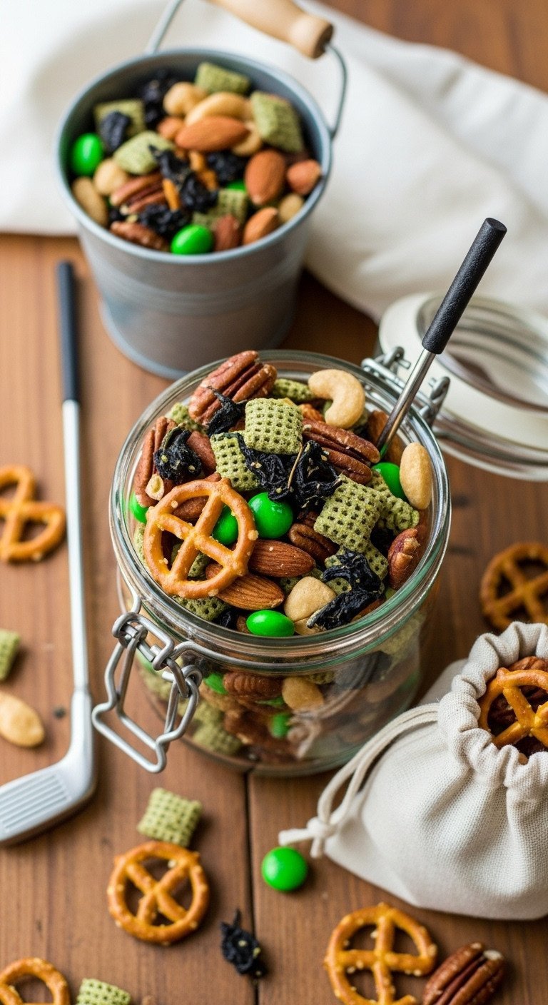Artisanal Trail Mix, Golf Course 'Rough' Themed, With Nuts, Green Candies, Pretzels In A Glass Jar And Mini Club.