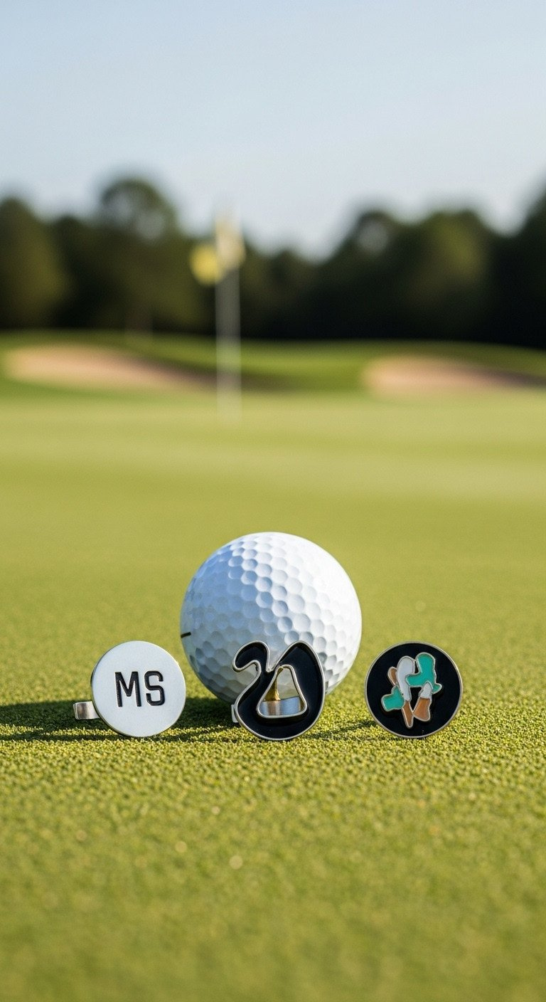 Artist-Designed Golf Ball Markers (Personalized, Metallic, Enamel) On A Pristine Putting Green Beside A Golf Ball.