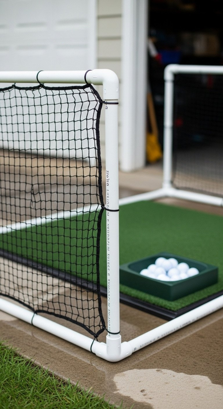 Assembled 7X7Ft Diy Golf Net With White Pvc Frame And Slack Netting In A Clean Garage Corner, Featuring Golf Balls And Hitting Mat.