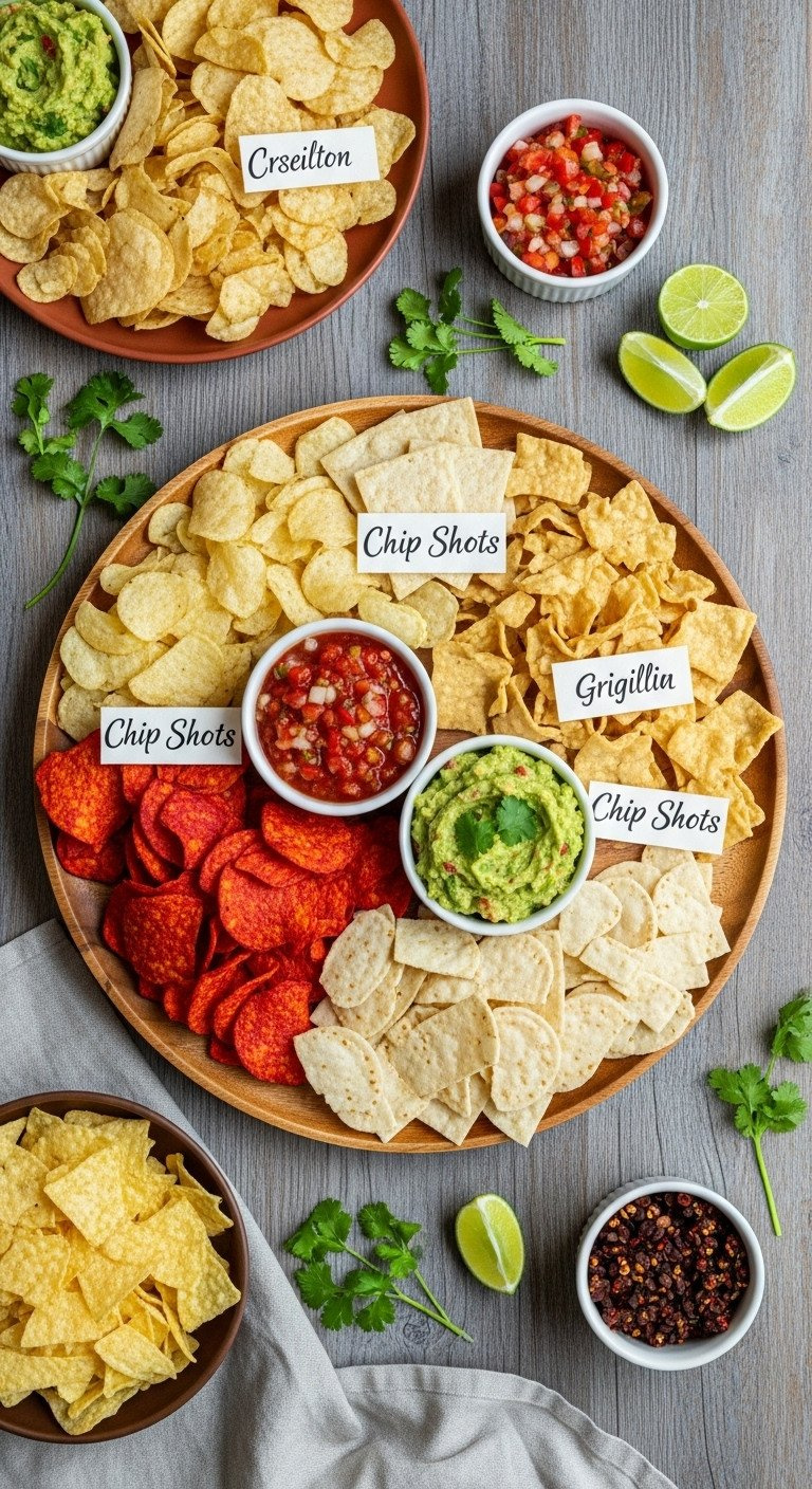 Assorted 'Chip Shots' Snack Platter With Potato, Tortilla, Pita Chips, Salsa, Guacamole, And Lime On A Wooden Table.