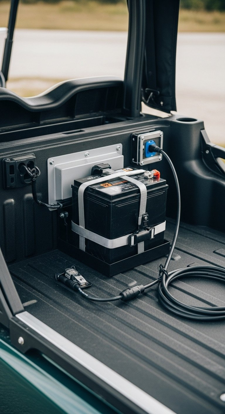 Auxiliary Battery Box With A Deep-Cycle Marine Battery Securely Mounted In A Golf Cart'S Cargo Bed, Connected To A 12V Panel.