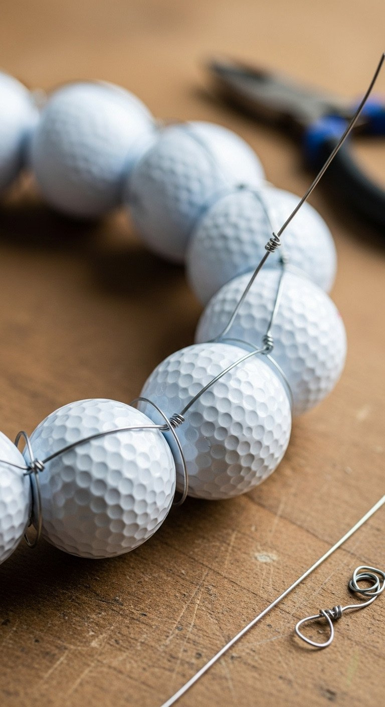 Back Of Golf Ball Wreath, High-Gauge Floral Wire Wrapped Around Form And Balls, Showcasing Mechanical Reinforcement For Stability.