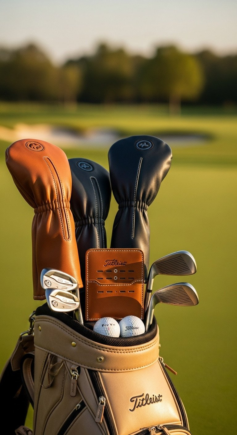 Bespoke Cognac Leather Golf Headcovers In Premium Bag. High-End Golf Balls &Amp; Leather Scorecard Holder On Green.