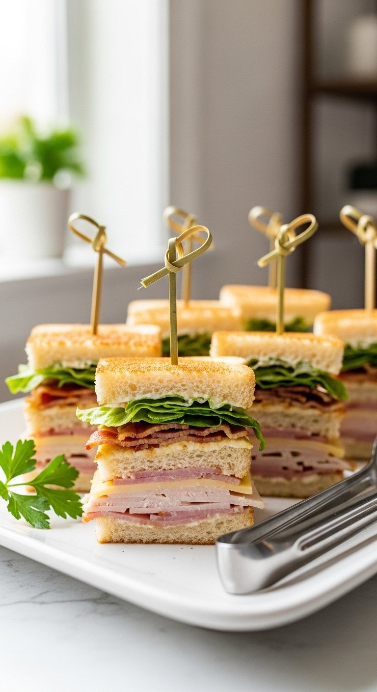 Bite-Sized Club Sandwich Sliders With Ham, Turkey, Bacon, Cheese, Lettuce On Skewers, Elegantly Arranged For Catering Or Parties.